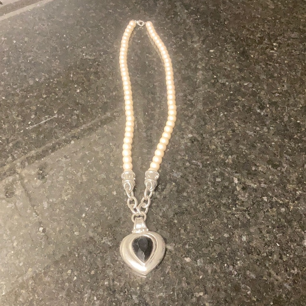 Pearl Chain and Black and silver Resin Pendant Heart Necklace